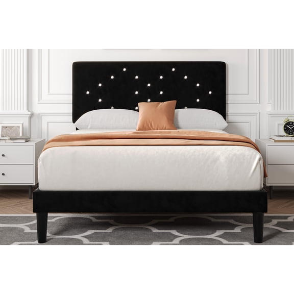 Linen Upholstered Platform Bed Frame - Button Tufted Headboard Princess Bed w/ Wood Slats (Twin/Full/Queen, No Box Spring Needed)