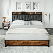 Linen Upholstered Platform Bed Frame with Storage – 4 Drawers, Charging Station & Vintage Brown Headboard, Wooden Slats Support, No Box Spring Needed, Noise-Free, Easy Assembly