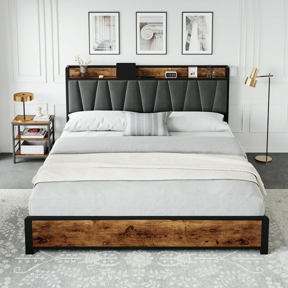 Linen Upholstered Platform Bed Frame with Storage – 4 Drawers, Charging Station & Vintage Brown Headboard, Wooden Slats Support, No Box Spring Needed, Noise-Free, Easy Assembly