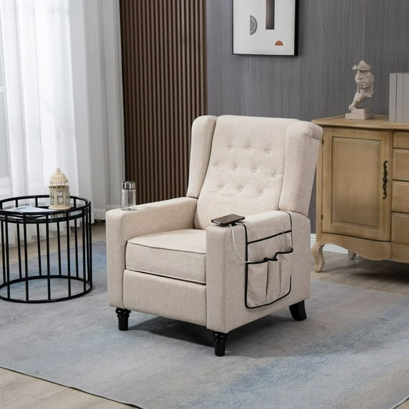 Linen Upholstered Recliner Chair with Adjustable Backrest, Modern Button Tufted Pushback Armchair with USB Charging, Single Sofa Home Theater Seating, for Living Room, Bedroom, Beige