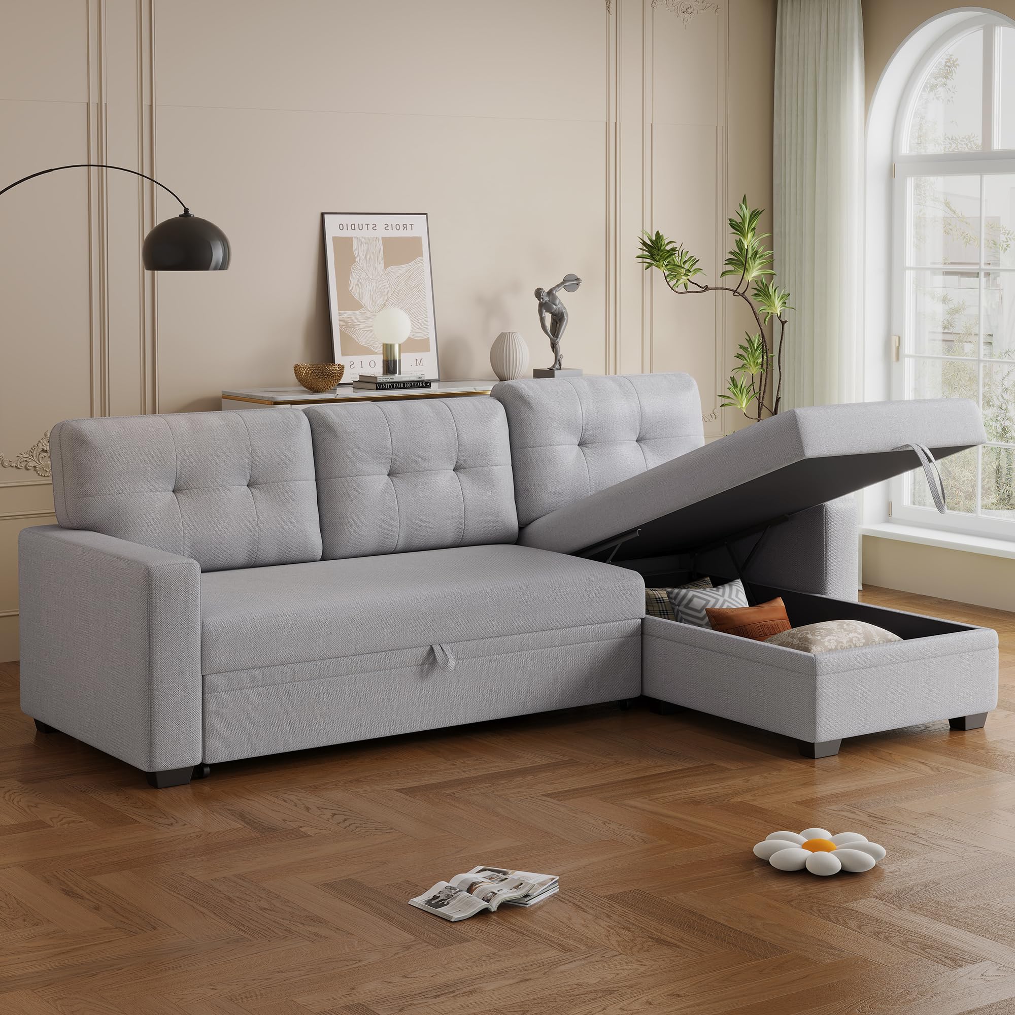 Linen Upholstered Sectional Couch L-Shape Convertible Sectional Sofa ...