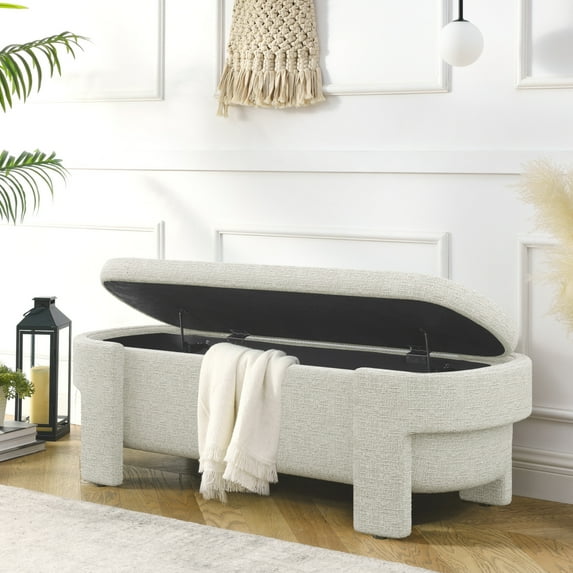 Linen Upholstered Storage Bench, Linen Fabric Upholstered Bench with Large Storage Space, No Assembly Required, Footstool Ottoman for Living Room, Entryway, Bedroom and Window Seating, Beige Stripe