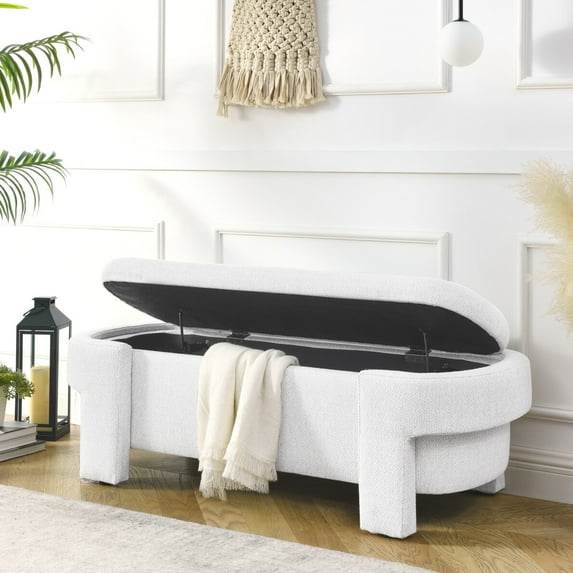 Linen Upholstered Storage Bench, Linen Fabric Upholstered Bench with Large Storage Space, No Assembly Required, Footstool Ottoman for Living Room, Entryway, Bedroom and Window Seating, White