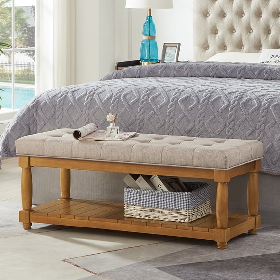 Linen Upholstered Tufted Storage Bench with Bottom Slatted Shelf, Solid Wood Spindle Legs Ottoman Bench for Entryway Bedroom Living Room Foot of Bed