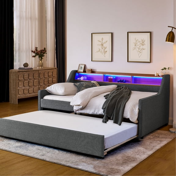 Linen Upholstered Twin Bed | Featuring RGB LED Lights and Adjustable Headboard Storage | Customize Lighting and Store Items in Bedroom