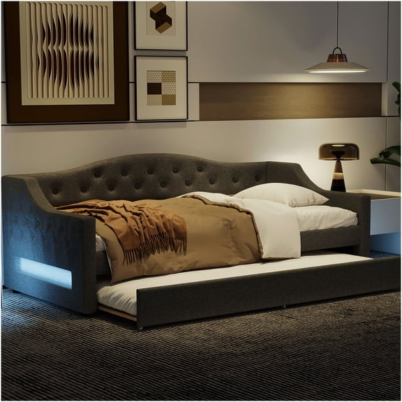 Linen Upholstered Twin XL Daybed with Trundle and LED Light Strips, Space Saving Modern Sleeper