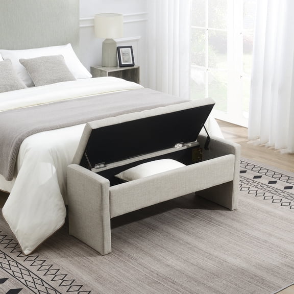 Linen Upholstered Vanity Bench with Storage - Breathable Seat, Good for Home Ambiance
