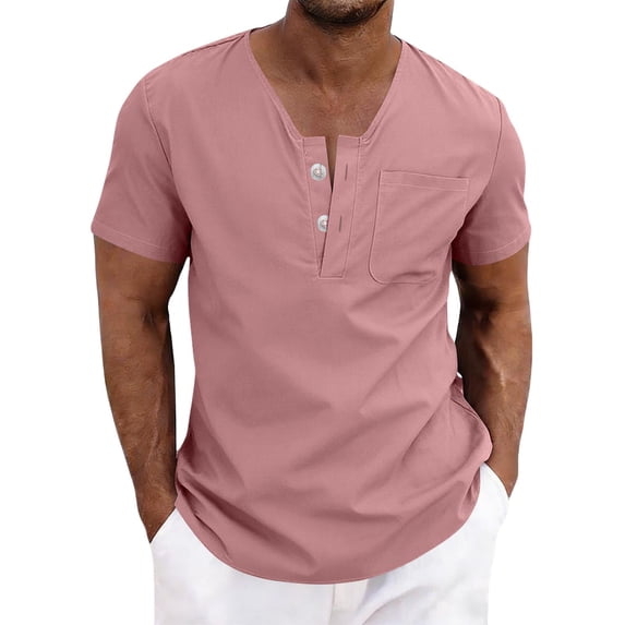 Linen V Neck Button Tee for Men Casual Short Sleeve T-Shirt with Pocket Summer Fashion Comfy Daily Wear Tops