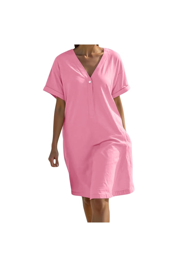 Linen V-Neck Dress - Casual Shift Dress with Hidden Pockets