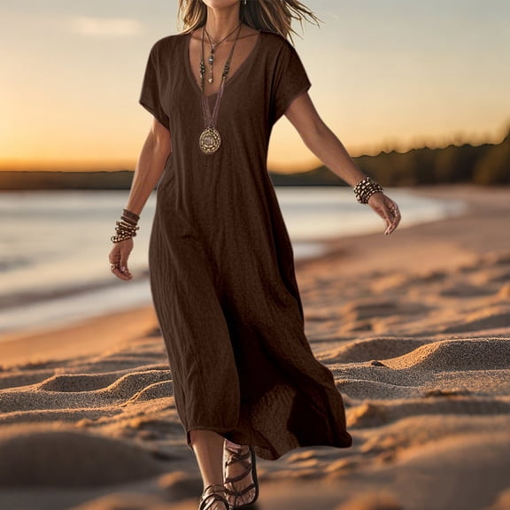 Linen V Neck Short Sleeve Loose Casual Dress For Women Solid Color Comfortable Day Dress Dresses for Women plus Size Maxi Wrap Dress Young Woman Dresses Comfy Dresses Neck Dress Women's Wrap Dress