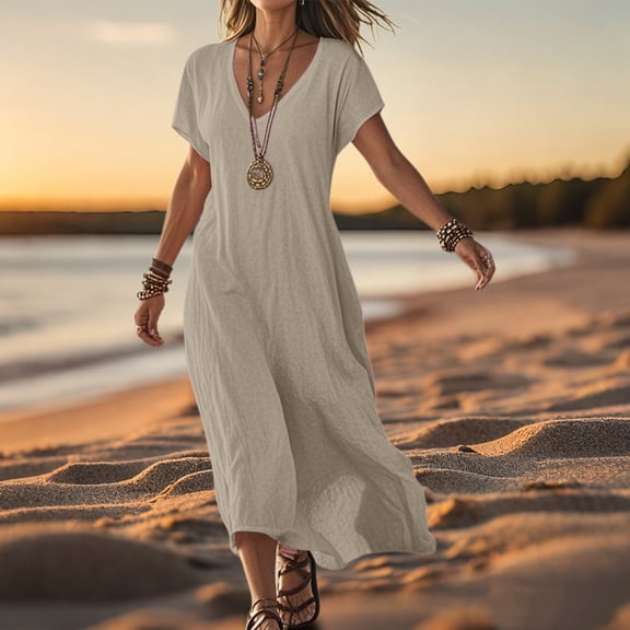 Linen V Neck Short Sleeve Loose Casual Dress For Women Solid Color Comfortable Day Dress Dresses for Women plus Size Maxi Wrap Dress Young Woman Dresses Comfy Dresses Neck Dress Women's Wrap Dress
