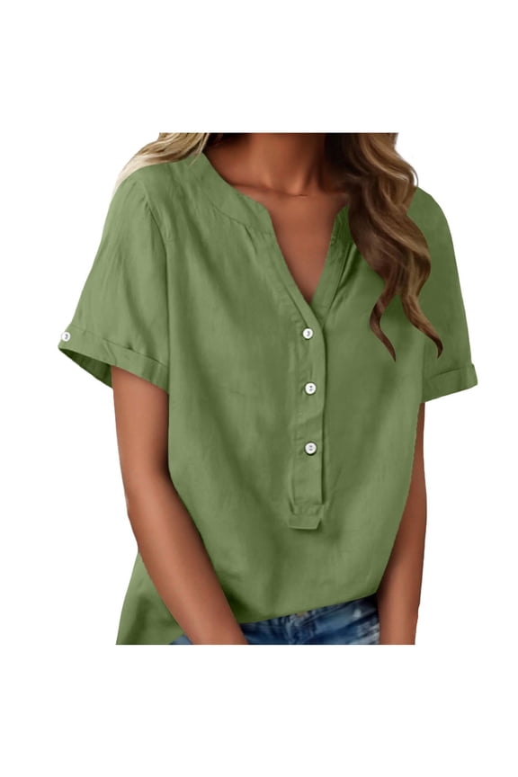 Linen V-Neck Tunic Tops for Women Button Down Short Sleeve Shirts Soft Breathable Spring Summer Casual Blouses 2026 Fashion Girls Clothes