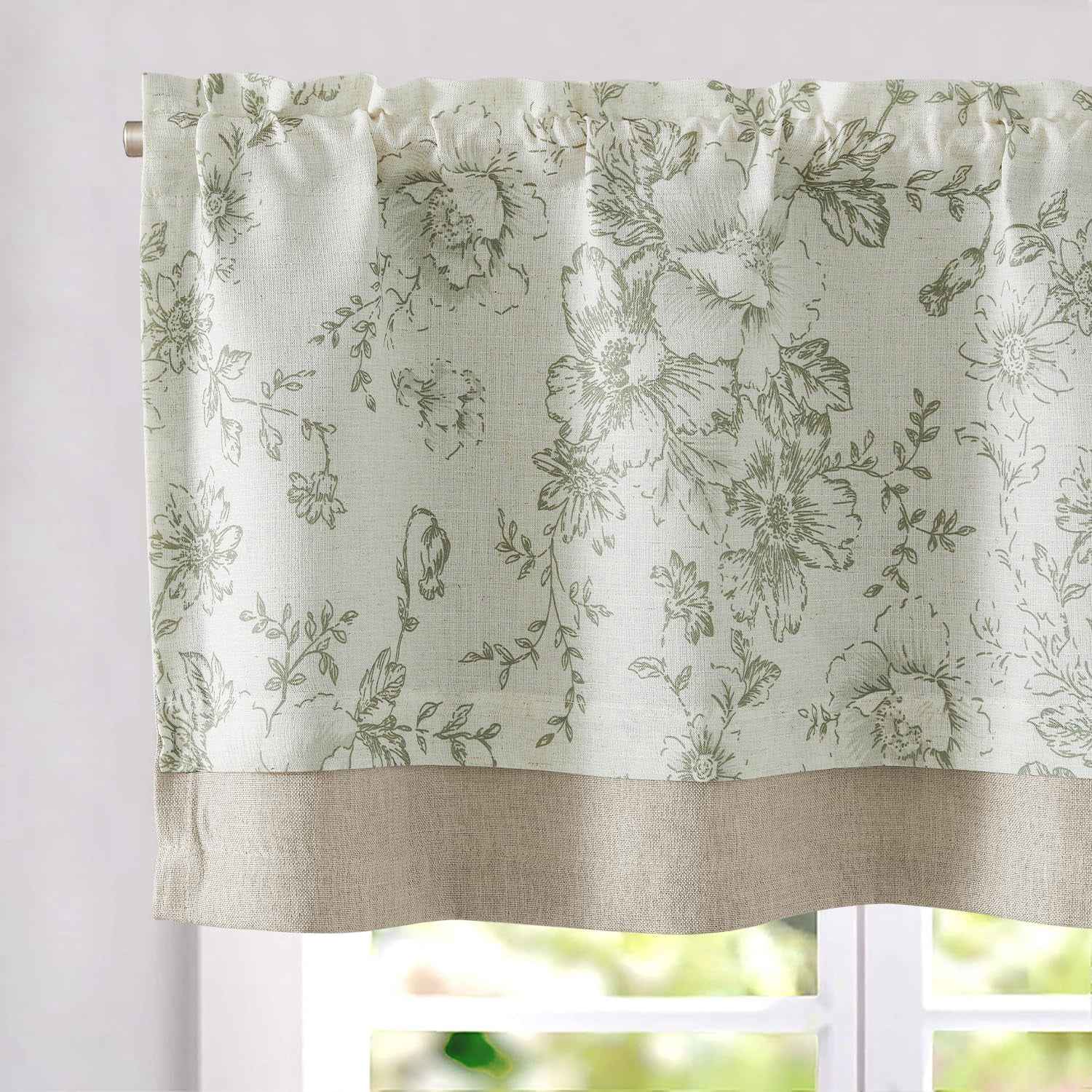 Linen Valance Curtain Farmhouse Sage Green Floral Window Valance for