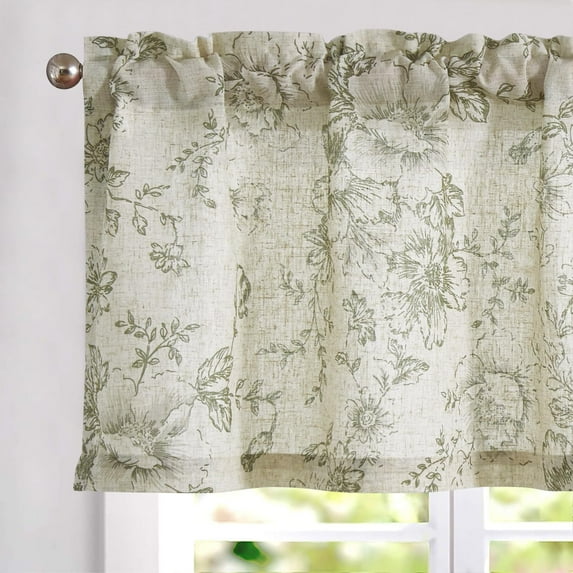Linen Valance Curtain Farmhouse Sage Green Floral Window Valance for Bedroom, 18 Inch French Country Flower Small Drapes for Kitchen Light Filtering Window Treatments Rod Pocket 1 Panel
