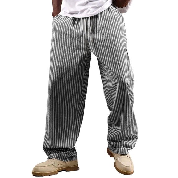 Linen Vertical Striped Wide Leg Pants for Men Relaxed Fit Drawstring Trousers Lightweight Breathable Bottoms Boho Beach Summer Holiday Outfits