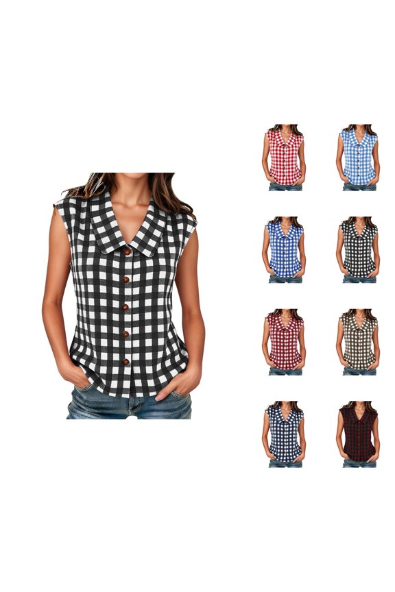 Linen Vest Women Gingham Shirt Casual Loose V Neck Button Down Peter Pan Collar Cute Sleeveless Blouses