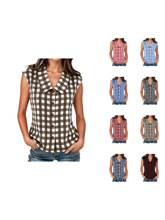 Linen Vest Women Gingham Shirt Casual Loose V Neck Button Down Peter Pan Collar Cute Sleeveless Blouses