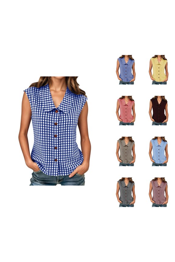 Linen Vest Women Plaid Shirt Casual Loose V Neck Button Down Peter Pan Collar Cute Sleeveless Blouses