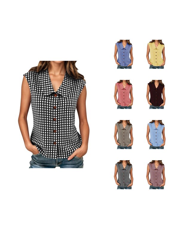 Linen Vest Women Plaid Shirt Casual Loose V Neck Button Down Peter Pan Collar Cute Sleeveless Blouses