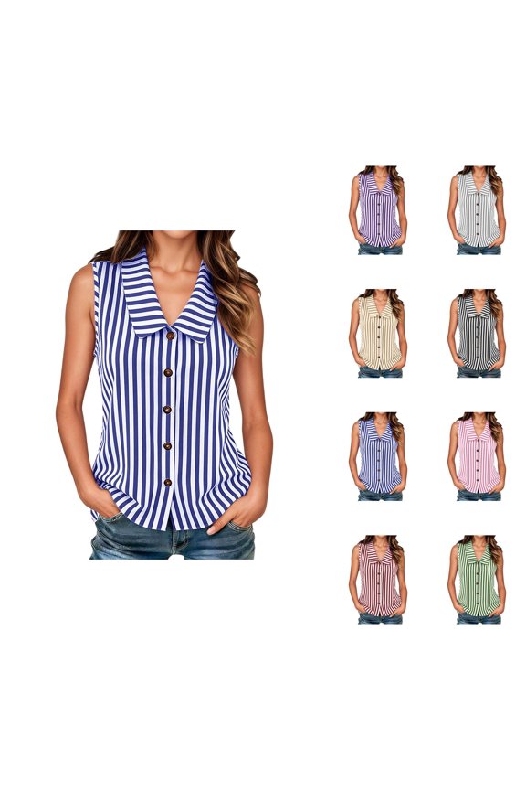 Linen Vest Women Striped Shirt Casual Loose V Neck Button Down Peter Pan Collar Cute Sleeveless Blouses