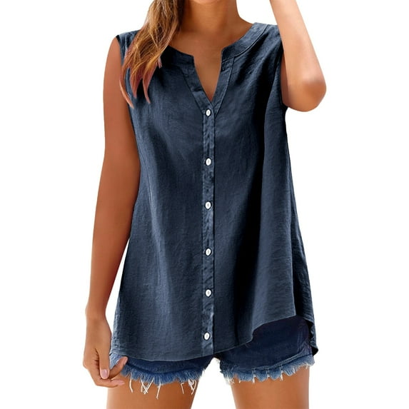Linen Vest Women! Yigetop Cotton Linen Shirts for Women Sleeveless Collared Tops Oversized Up Blouses Work Shirts Casual Summer Tshirt Vest for Women Navy L
