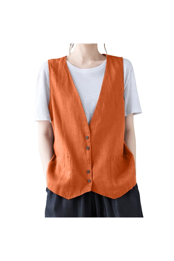 Linen Vest for Women Sleeveless V Neck Button Down Jacket Waistcoat with Pockets Casual Lightweight Business Blazer Solid Color Soft Clothes Ginger M