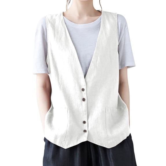 Linen Vest for Women Sleeveless V Neck Button Down Jacket Waistcoat with Pockets Casual Lightweight Business Blazer Solid Color Soft Clothes White L