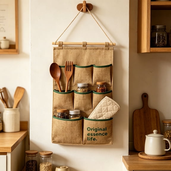 Linen Wall Hanging Organizer, 8 Pocket Storage Bag With Wooden Rod, Multifunction Wall Mounted Storage Pouch, Space Saving Organizer For Bathroom Bedroom Kitchen