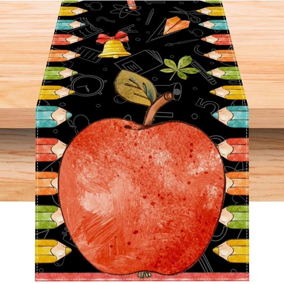 Linen Watercolor Apple Pencil Back to School Table Runner 71 Inches Long First Day of School Decorations and Supplies for Home School Classroom Office