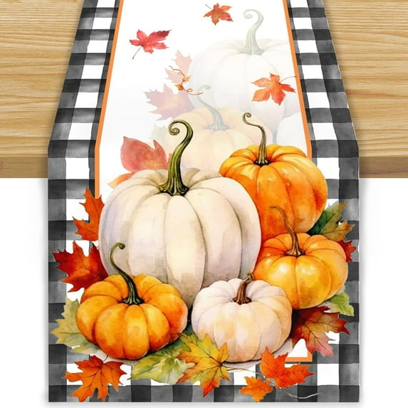 Linen Watercolor Black and White Buffalo Check Plaid Pumpkin Leaves Fall Table Runner Fall Autumn Thanksgiving Harvest Festival Decorations and Supplies for Home Kitchen Dining Room Table 13.8x71 Inch