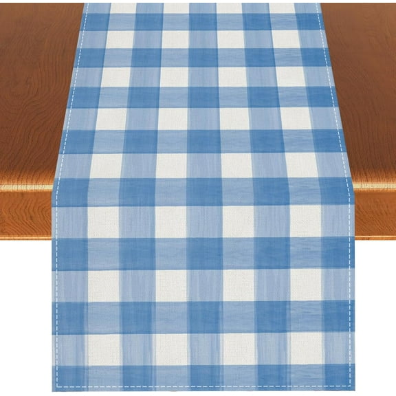 Linen Watercolor Blue White Buffalo Check Plaid Table Runner Gingham Tablecloth Farmhouse Spring Summer Easter Home Kitchen Table Decorations-13×72''''(Blue and White)