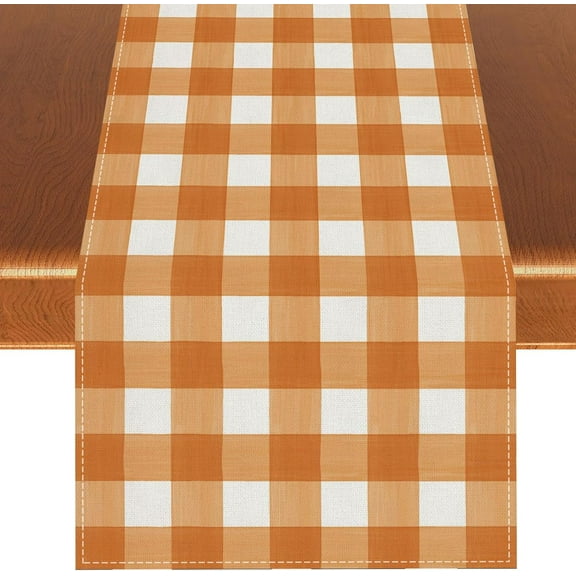 Linen Watercolor Orange White Buffalo Check Plaid Table Runner Gingham Tablecloth Farmhouse Spring Summer Fall Home Kitchen Table Decorations-13×90''''