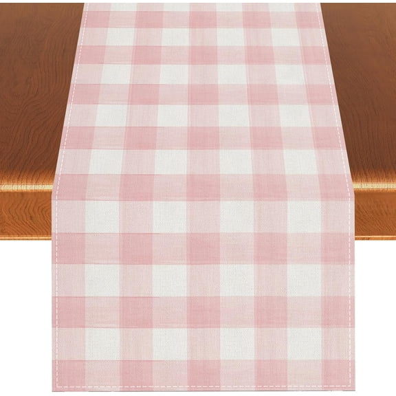 Linen Watercolor Pink White Buffalo Check Plaid Table Runner Gingham Tablecloth Farmhouse Spring Summer Easter Home Kitchen Table Decorations-13×90''''