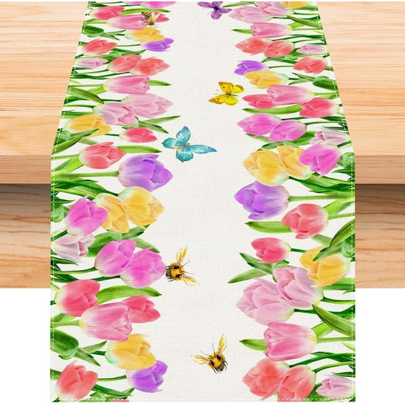 Linen Watercolor Tulip Butterfly Bee Spring Table Runner 72 Inches Long Spring Summer Easter Flower Floral Home Kitchen Dining Room Table Decorations