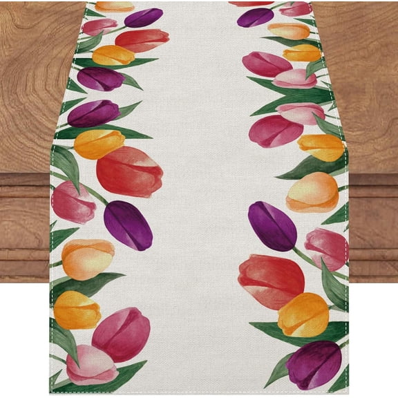 Linen Watercolor Tulip Spring Table Runner 71 Inches Long Spring Table Decor Spring Party Decoration and Supplies for Home Office Classroom