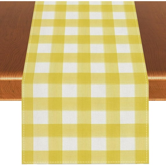 Linen Watercolor Yellow Buffalo Check Plaid Table Runner - 90x13" Farmhouse Spring Summer Easter Kitchen Decor