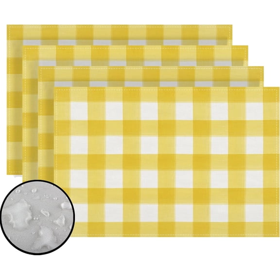 Linen Watercolor Yellow White Buffalo Check Plaid Placemats Set of 4 Yellow Gingham Table Mats Farmhouse Spring Easter Home Table Decorations-12×18''''