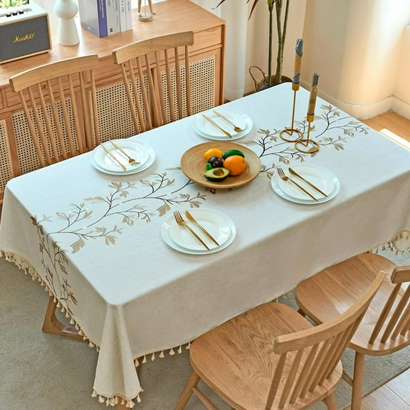 Linen Waterproof Rectangle Table Cloth, Cotton Linen Tablecloth for Dining Table, Wrinkle Free Table Cover for Farmhouse Kitchen Dining Tables, Picnic, Party, Restaurant, Beige, 55Inch (Round)