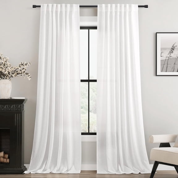 Linen White Curtains 84 inches Long for Bedroom Back Tab Privacy Light Filtering Semi Sheer White Boho Farmhouse Curtain Drapes Cotton Textured Modern Elegant Coastal Living Room Decor Off White