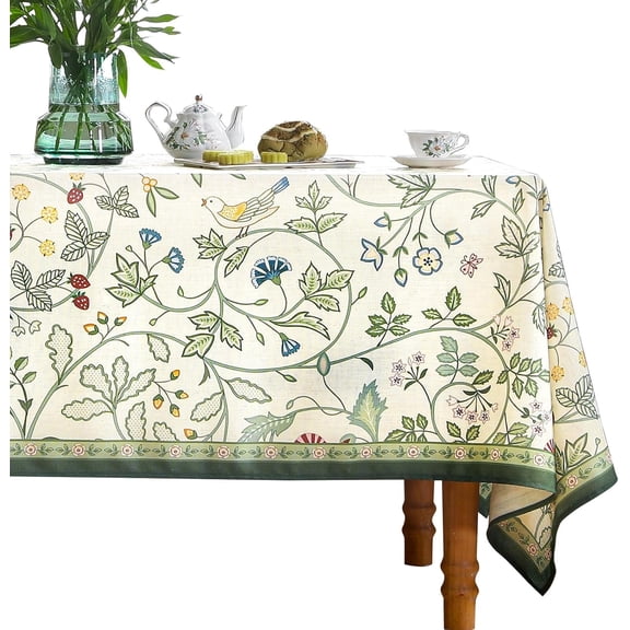 White and Green Tablecloth,Wrinkle Resistant French Vintage Tablecloth with Foral,Decor Square Table Cloth for Thanksgiving,Dining Room,Home,Farmhouse 67" × 67"-Idaho A