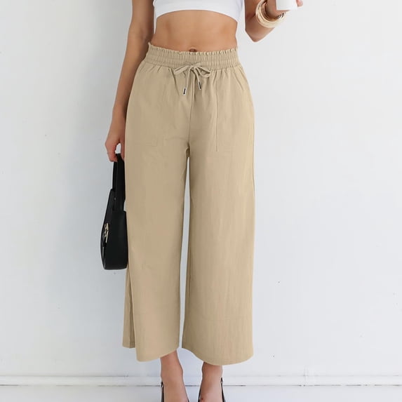 Linen Wide Leg Capris for Women High Waisted Elastic Trousers Lightweight Flowy Culottes with Pockets Business Casual Office Cropped Workwear