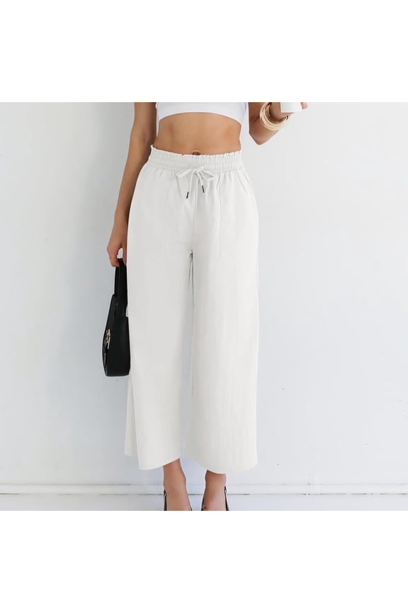 Linen Wide Leg Capris for Women High Waisted Elastic Trousers Lightweight Flowy Culottes with Pockets Business Casual Office Cropped Workwear
