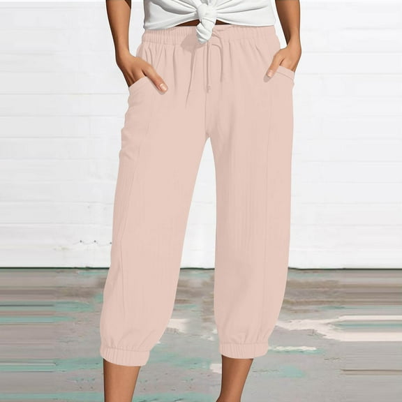 Linen Wide Leg Casual Pants, Loose High Waist with Pockets, Cotton and Linen Blend, Pink 3XL, Size S-5XL