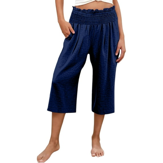 Linen Wide Leg Pants - High Waist Summer Beach Cropped Trousers with Pockets, Navy High Waisted Pants for Women Wide Leg Linen Pant Casual Summer Beach Cropped Trousers with Pockets