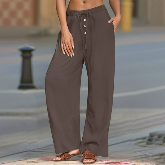 Linen Wide Leg Pants Woman High Waisted Pull On Button Drawstring Baggy Casual Summer Palazzo Pants with Pockets plus Size Pants for Women Work Casual High Waist Summer Short Pants for Women