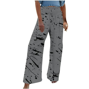 Linen Wide Leg Pants Woman Trendy Print Elastic High Waist Casual Loose Stretchy Fall Boho Workout Yoga Trousers,Dark Gray 1,L
