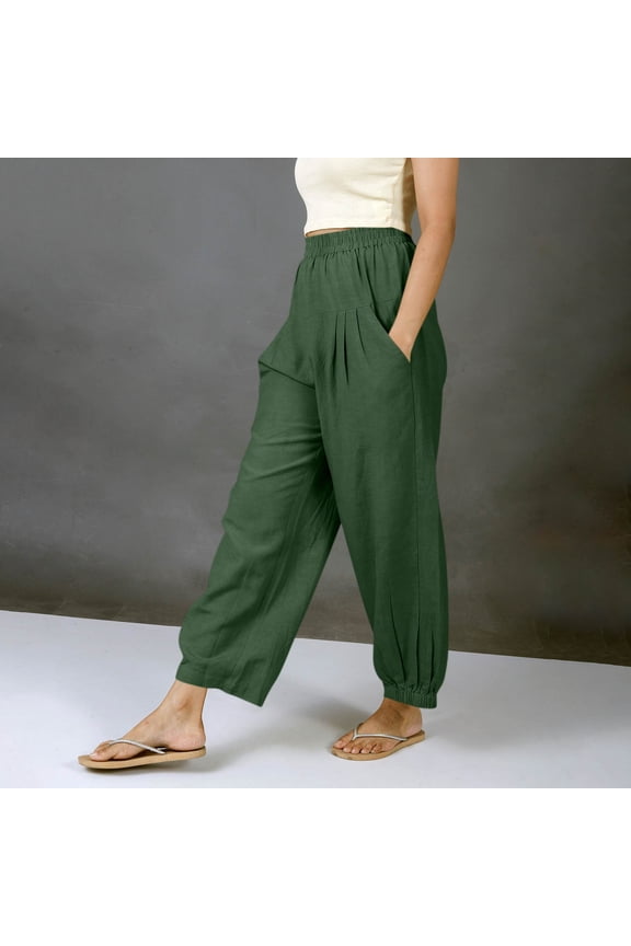 Linen Wide Leg Pants for Women Elastic High Waist Boho Harem Trousers Loose Fit Pleated Bottoms with Pockets Casual Summer Vacationwear
