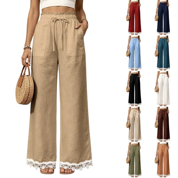 Linen Wide Leg Pants for Women Lace Hem Patchwork Elastic Waist Pants with Pockets Drawstring Dressy Flowy Loose Pant (Khaki,L)