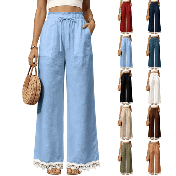 Linen Wide Leg Pants for Women Lace Hem Patchwork Elastic Waist Pants with Pockets Drawstring Dressy Flowy Loose Pant (Royal Blue,S)