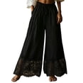 thumbnail image 1 of Linen Wide Leg Pants for Women Lace Trim Elastic Waist Casual Loose Wide Leg Trousers for Daily and Beachwear, 1 of 4